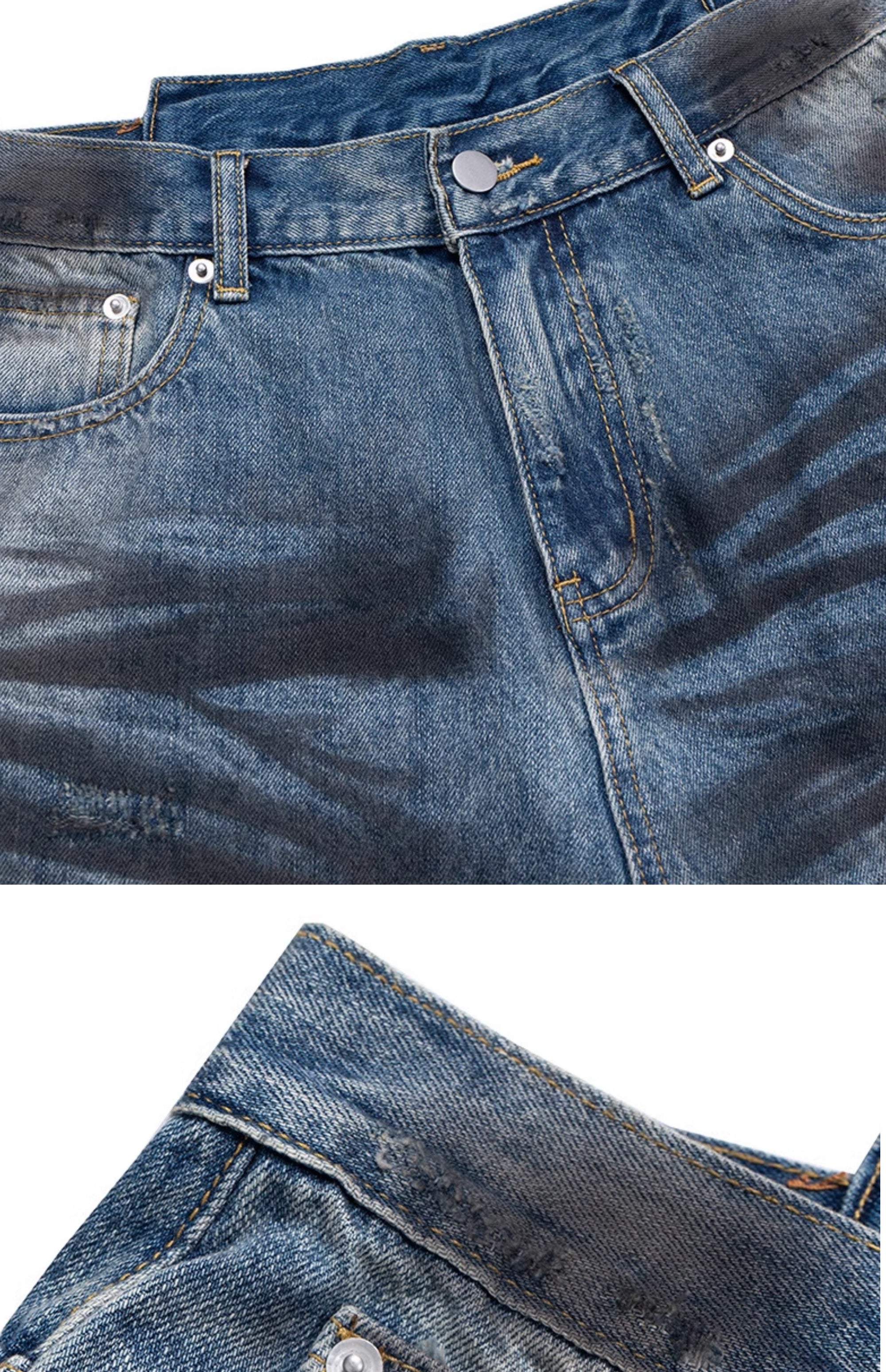 Washed Distressed Stained Clawed Leg Knife Cut Irregular Panel Loose Cropped Denim Shorts