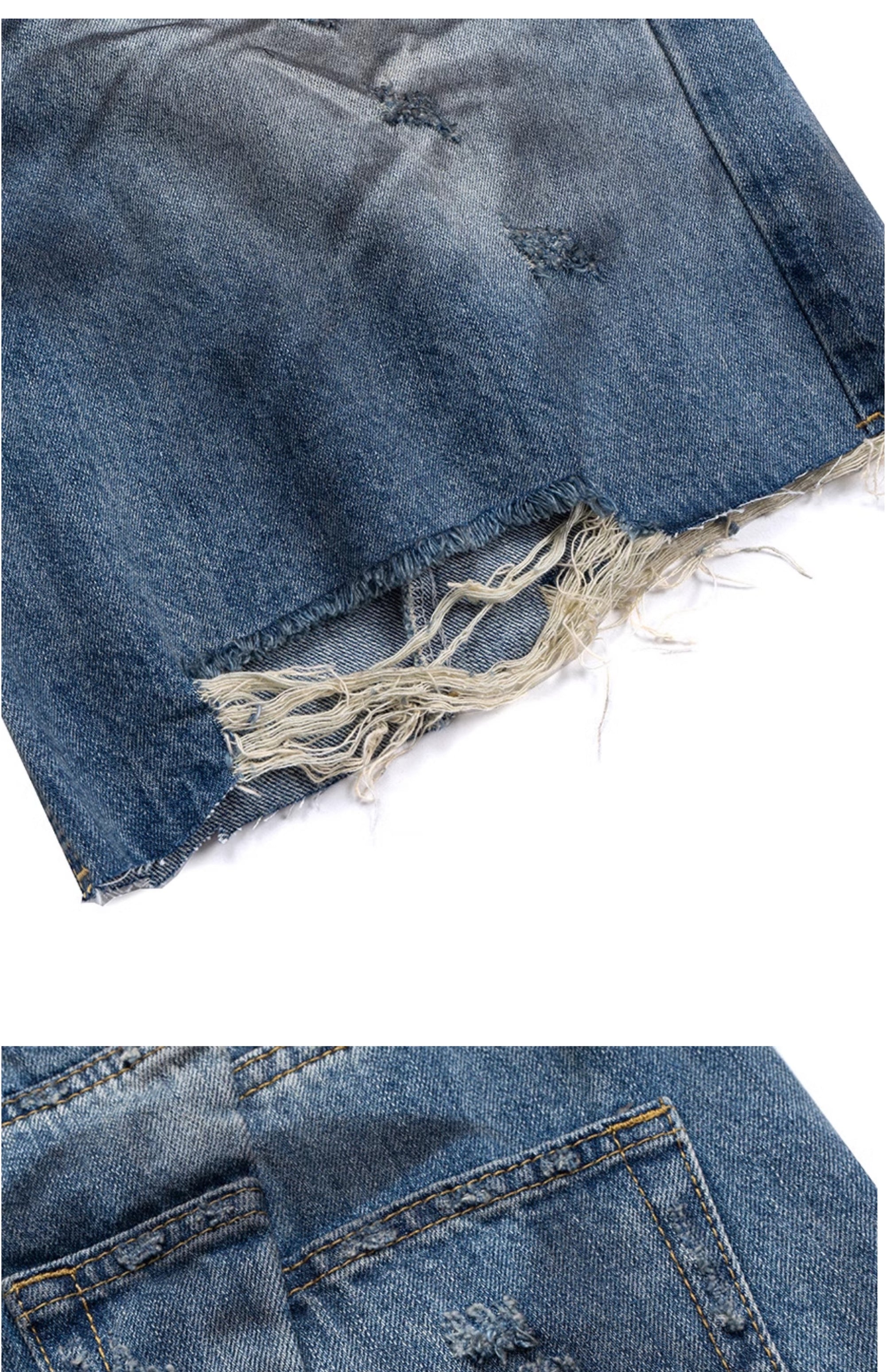 Washed Distressed Stained Clawed Leg Knife Cut Irregular Panel Loose Cropped Denim Shorts