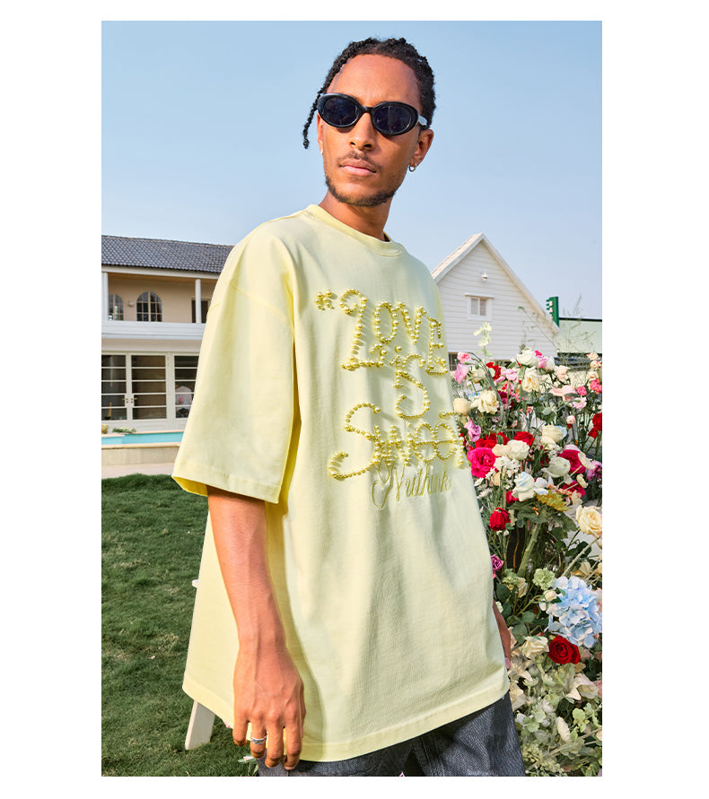 Dopamine Pearl Short Sleeve T-Shirt Alphabet Trendy Brand Loose Half Sleeve Men and Women Couples 2025