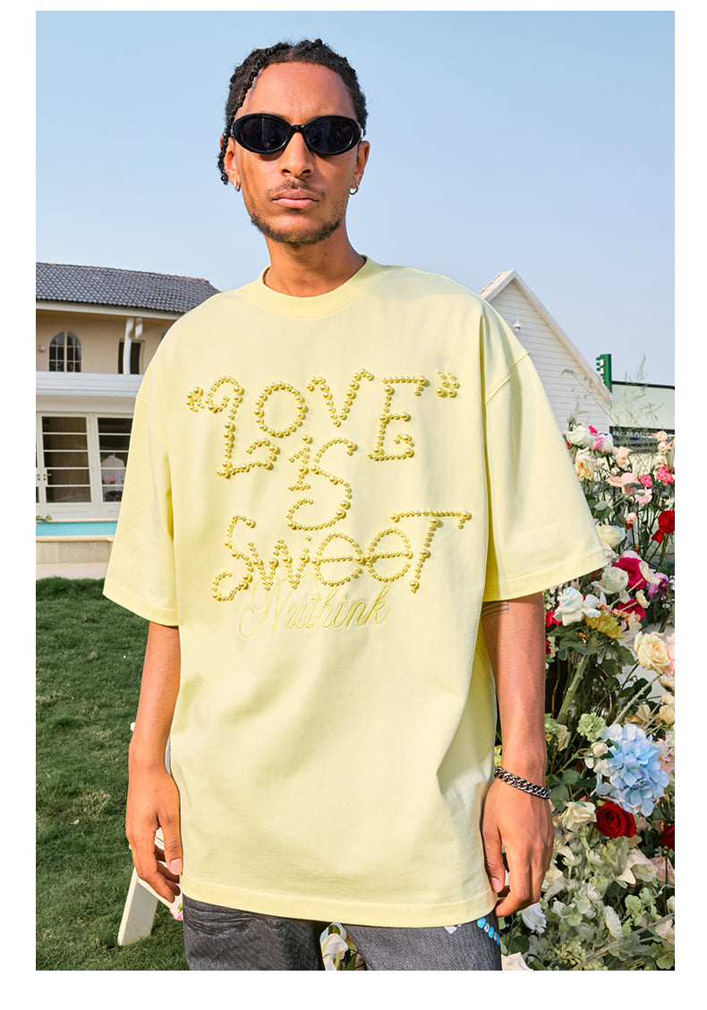 Dopamine Pearl Short Sleeve T-Shirt Alphabet Trendy Brand Loose Half Sleeve Men and Women Couples 2025