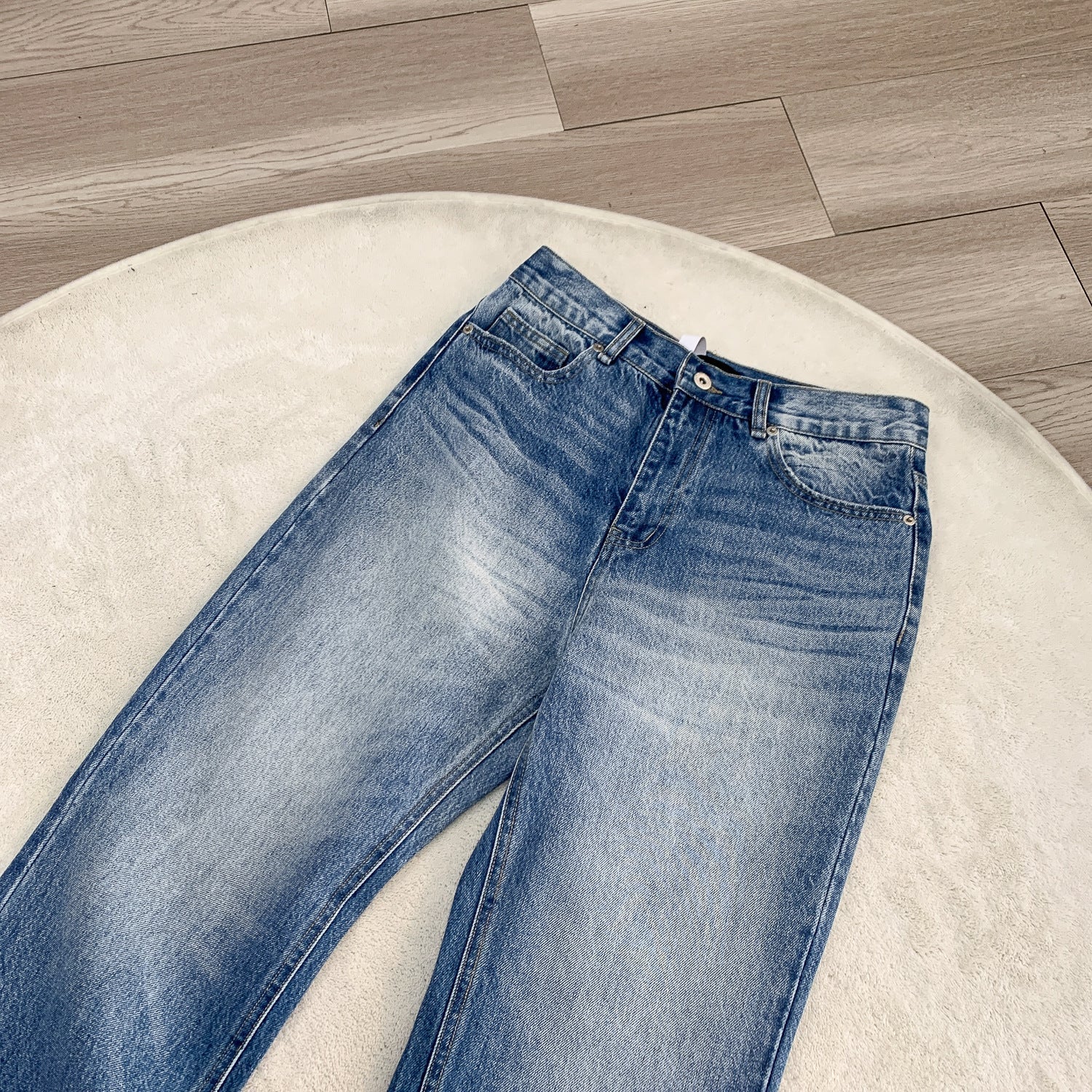 "Glacier Ripple" Ice Washed Blue and Black Old High Ounce A-line straight wide-leg Jeans for Men