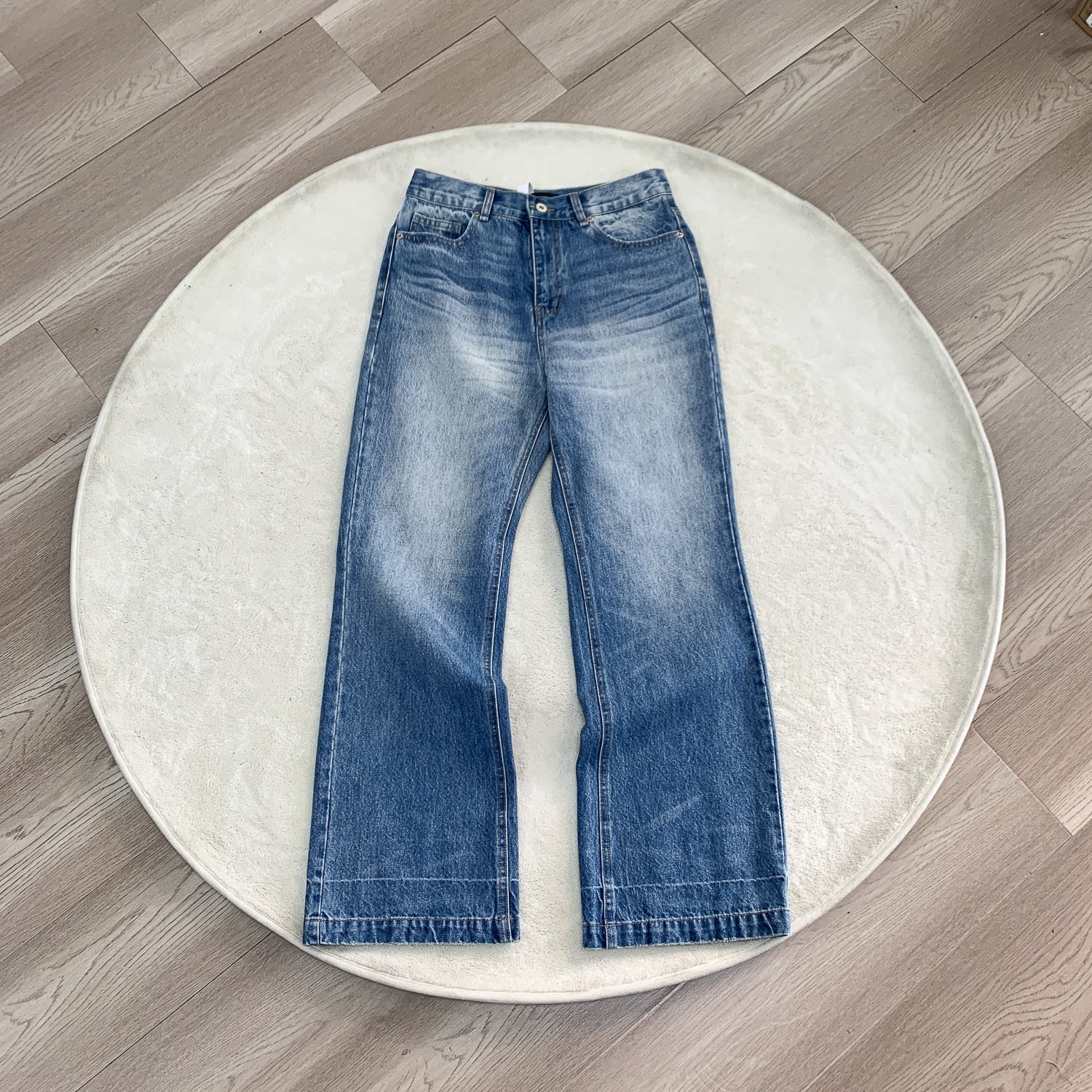 "Glacier Ripple" Ice Washed Blue and Black Old High Ounce A-line straight wide-leg Jeans for Men