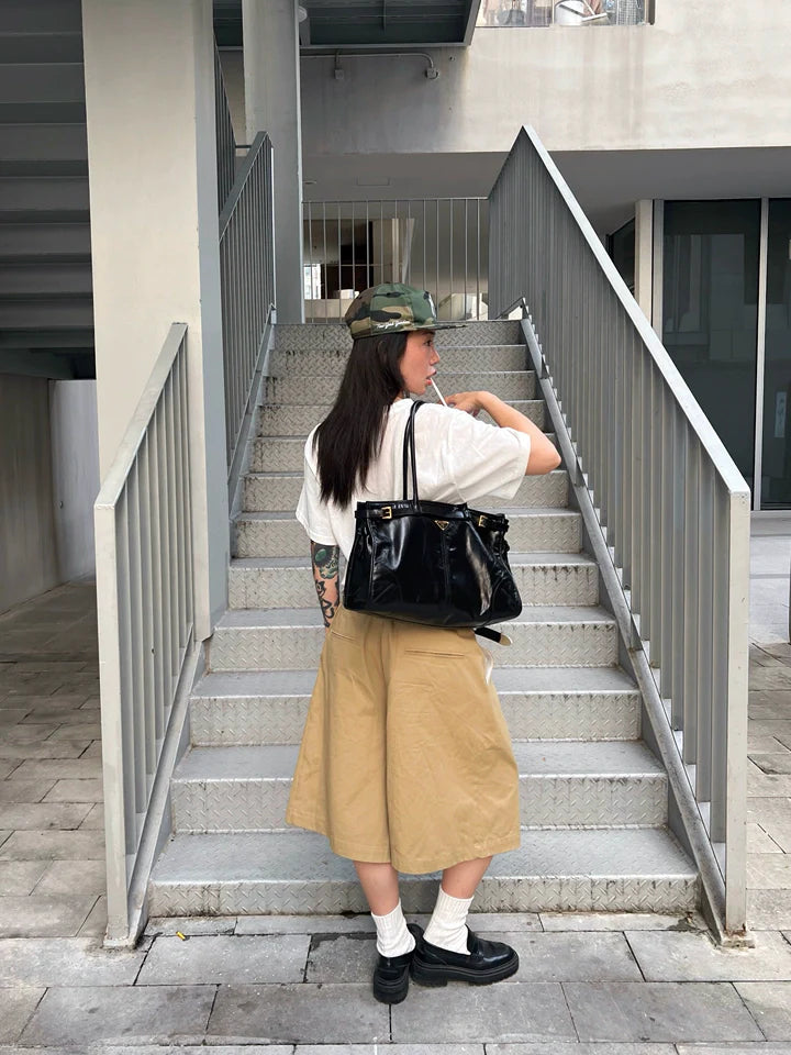 American Vintage Double-Waistband Loose-Fitting Cargo Wide-Leg Cropped Pants for Men & Women