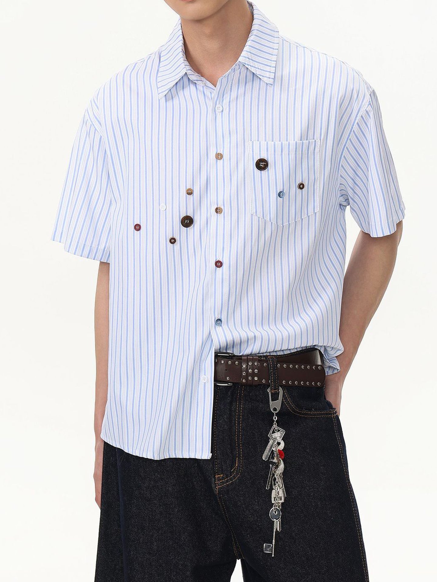American vintage striped loose shirt short sleeve men's summer button design sense