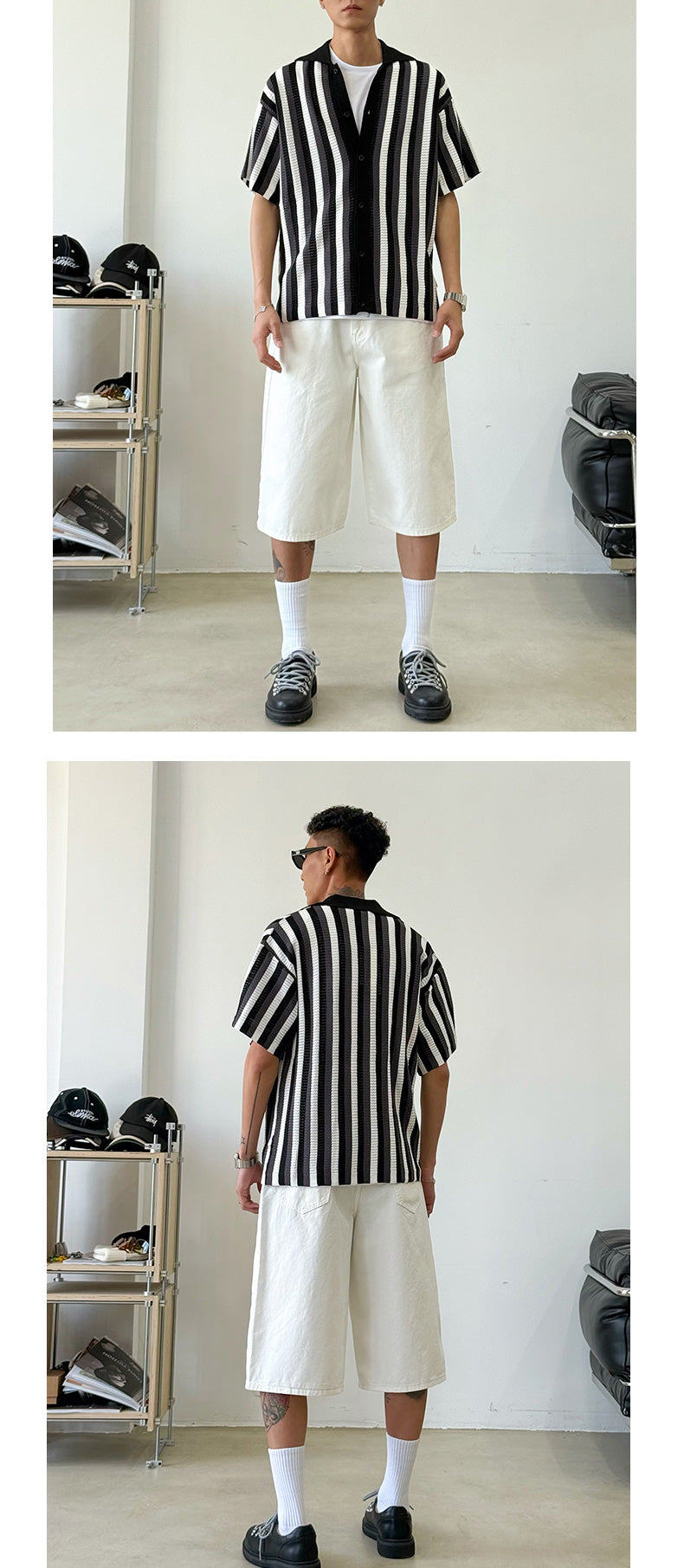 [old money style] American vintage cut-out woven striped shirt men's knitted short-sleeved polo shirt