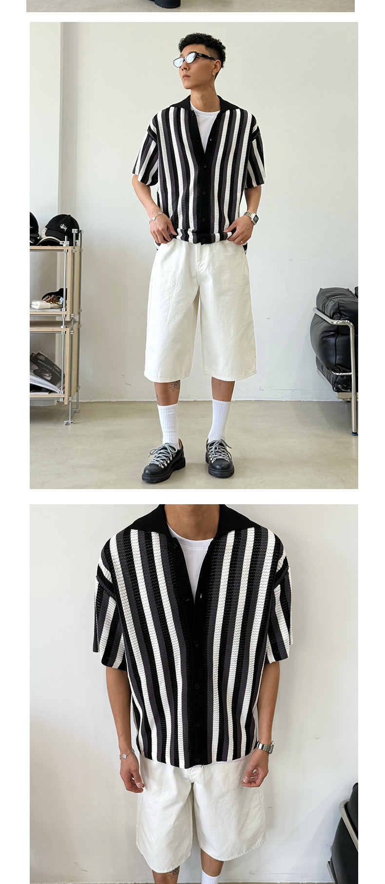 [old money style] American vintage cut-out woven striped shirt men's knitted short-sleeved polo shirt