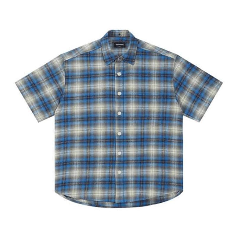 100% Cotton Men’s Plaid Button-Up Shirt Mexican Gang Style – Short Sleeve Blue & Gray Checkered Flannel Oversize T-Shirt for Men & Women