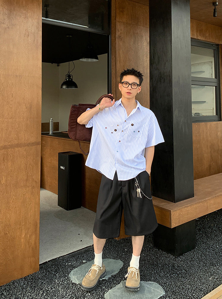 American vintage striped loose shirt short sleeve men's summer button design sense