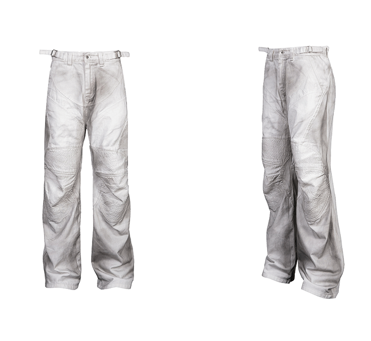 Rubbed Dirty Distressed White Biker Style Pleated Silhouette Wide-Leg Casual Denim Trousers for Men