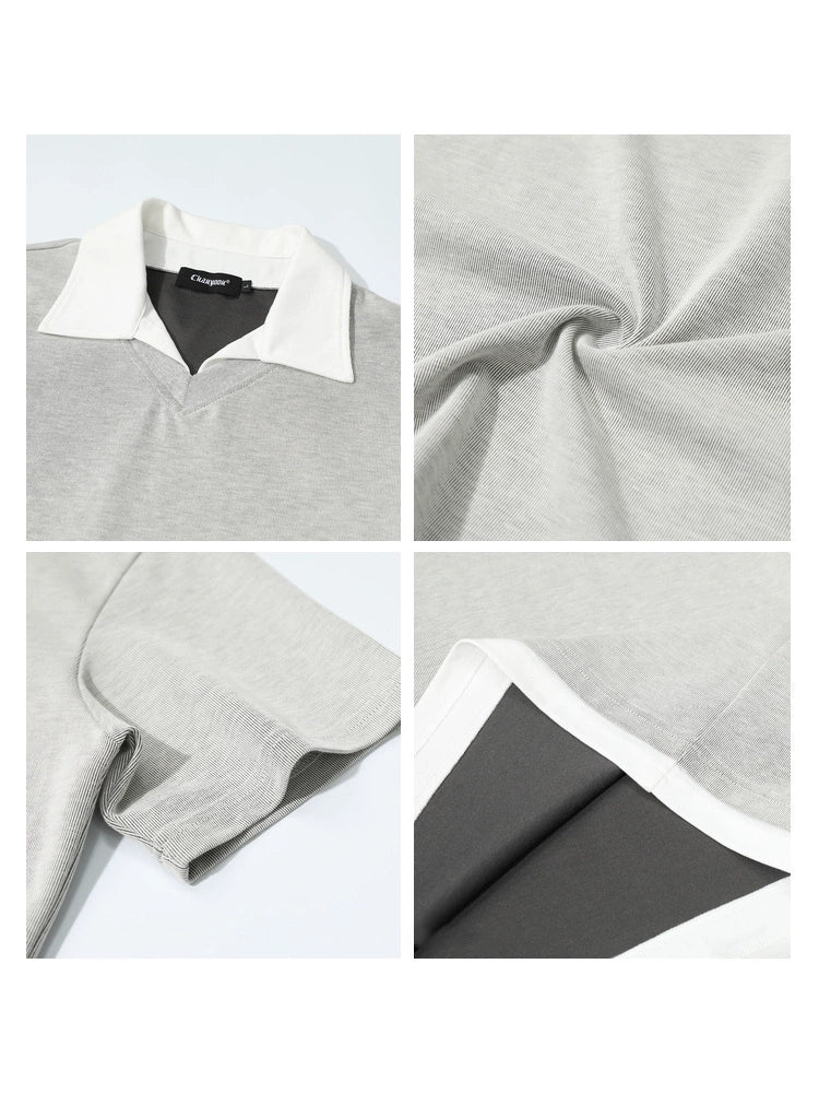 Men’s Contrast Collar Knit Polo Shirt – Short Sleeve Casual Grey Top with White Trim
