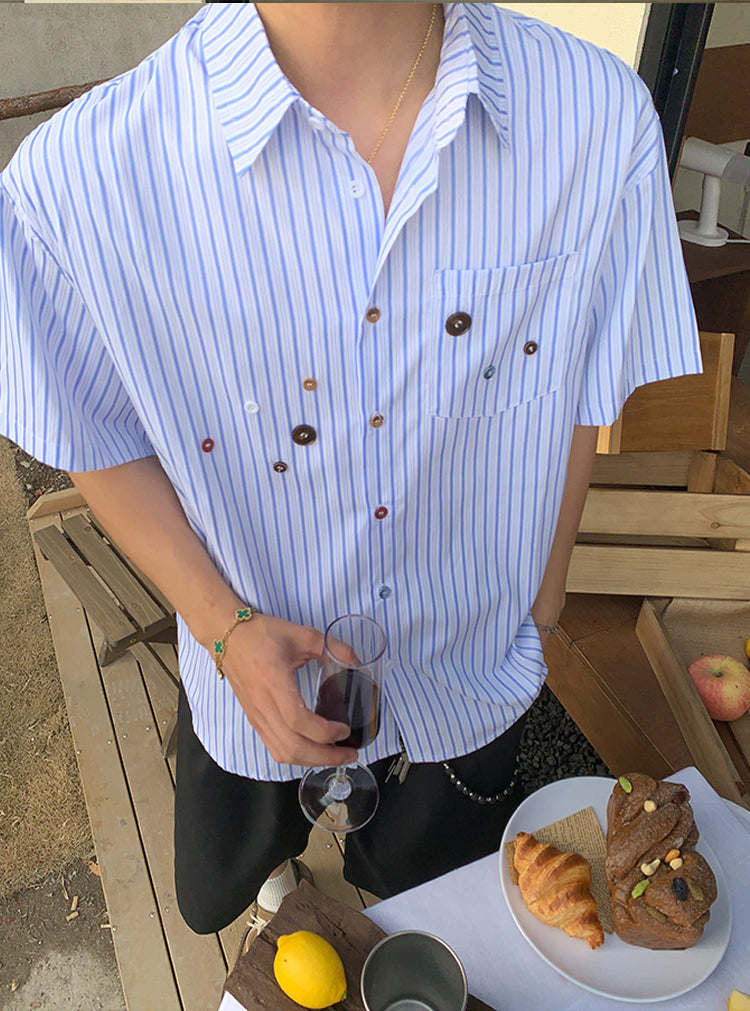 American vintage striped loose shirt short sleeve men's summer button design sense