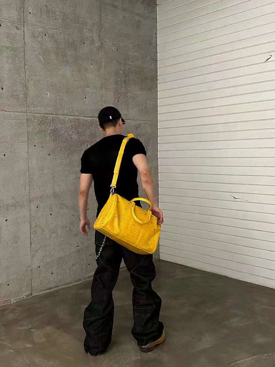 Vibrant Yellow Croc-Embossed Handbag with Colorful Gemstone Details & Chain Strap for Men & Women