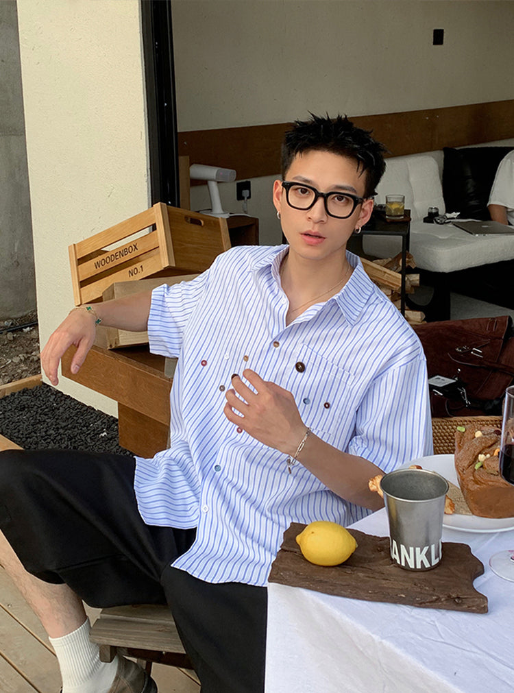American vintage striped loose shirt short sleeve men's summer button design sense
