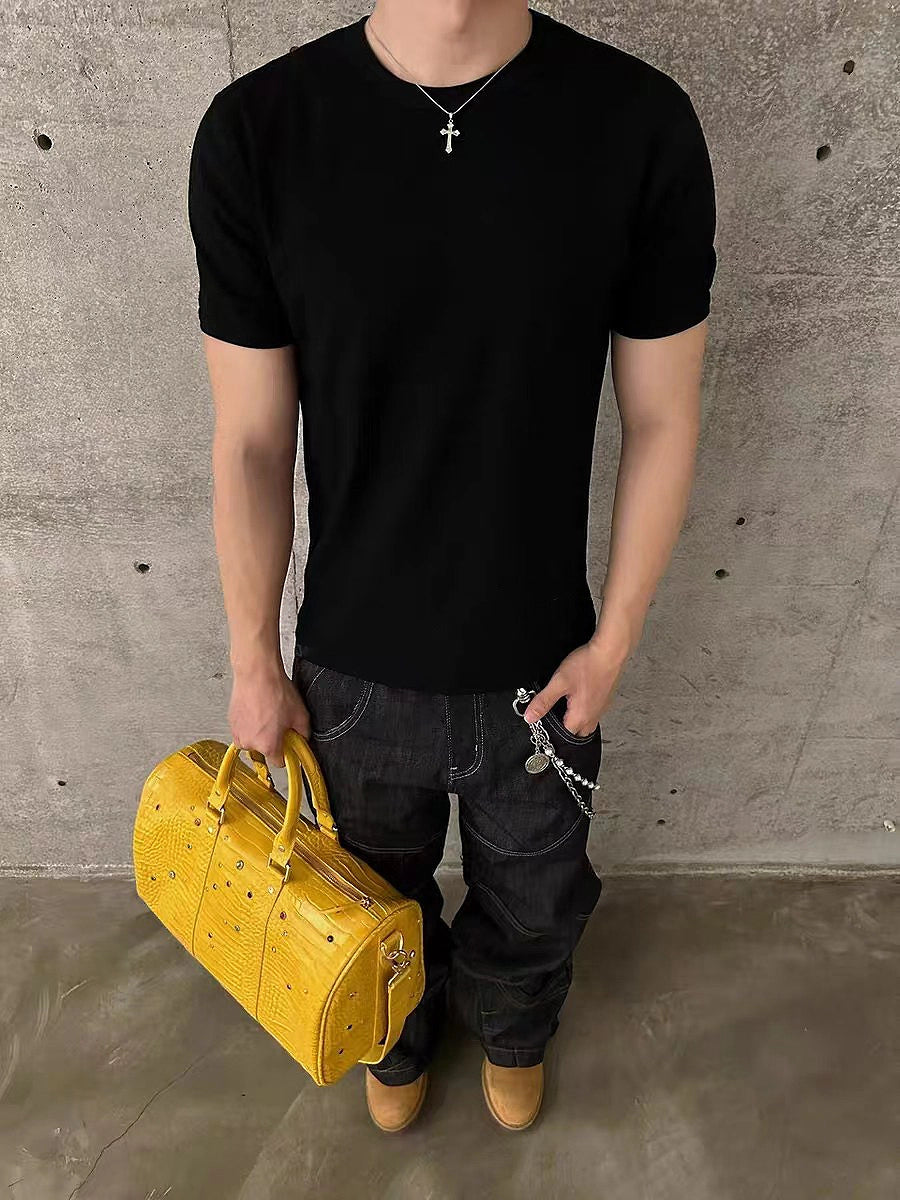 Vibrant Yellow Croc-Embossed Handbag with Colorful Gemstone Details & Chain Strap for Men & Women