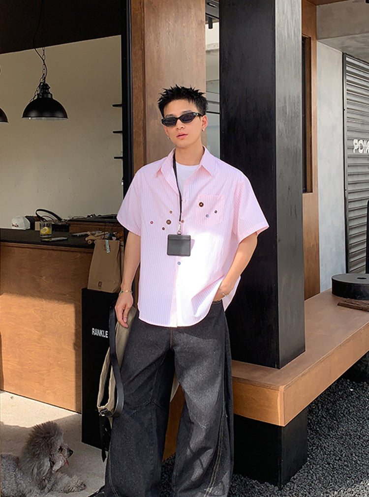 American vintage striped loose shirt short sleeve men's summer button design sense
